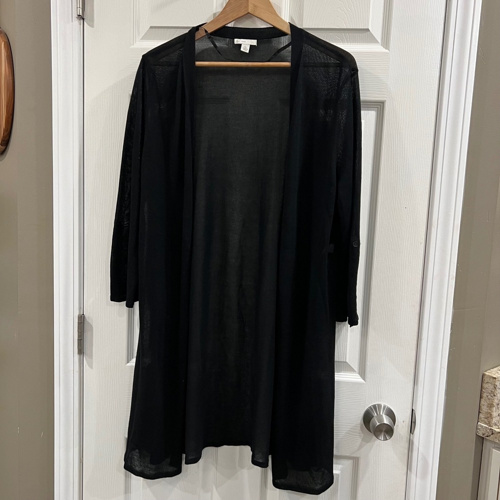 Est. 1946 Black Sheer Knit Open Front Duster Cardigan XL 3/4 Roll Tab Sleeve